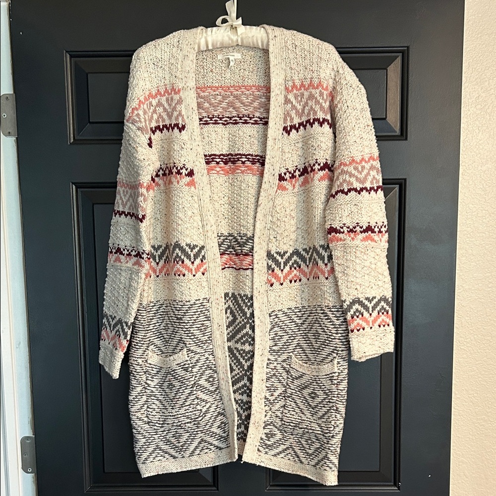 Maurices Cream and Pink Patterned Cardigan